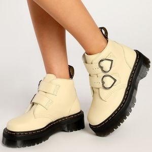 NEW Dr. Martens Devon Heart Buckle Platform Boots Toile Cream Leather Booties